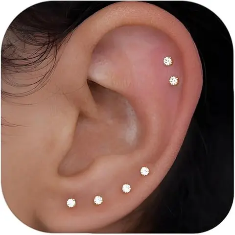 Women's Gold Stainless Steel 3-Pair Minimal Stud Earrings - Round Ball Twist, 4-Prong Cubic Zirconia, Classic Style Earrings, Metal Coating, 4prong Elegance, Minimalist Chic, Everyday Daily Elegance, Thoughtful Birthday Gift for Adults