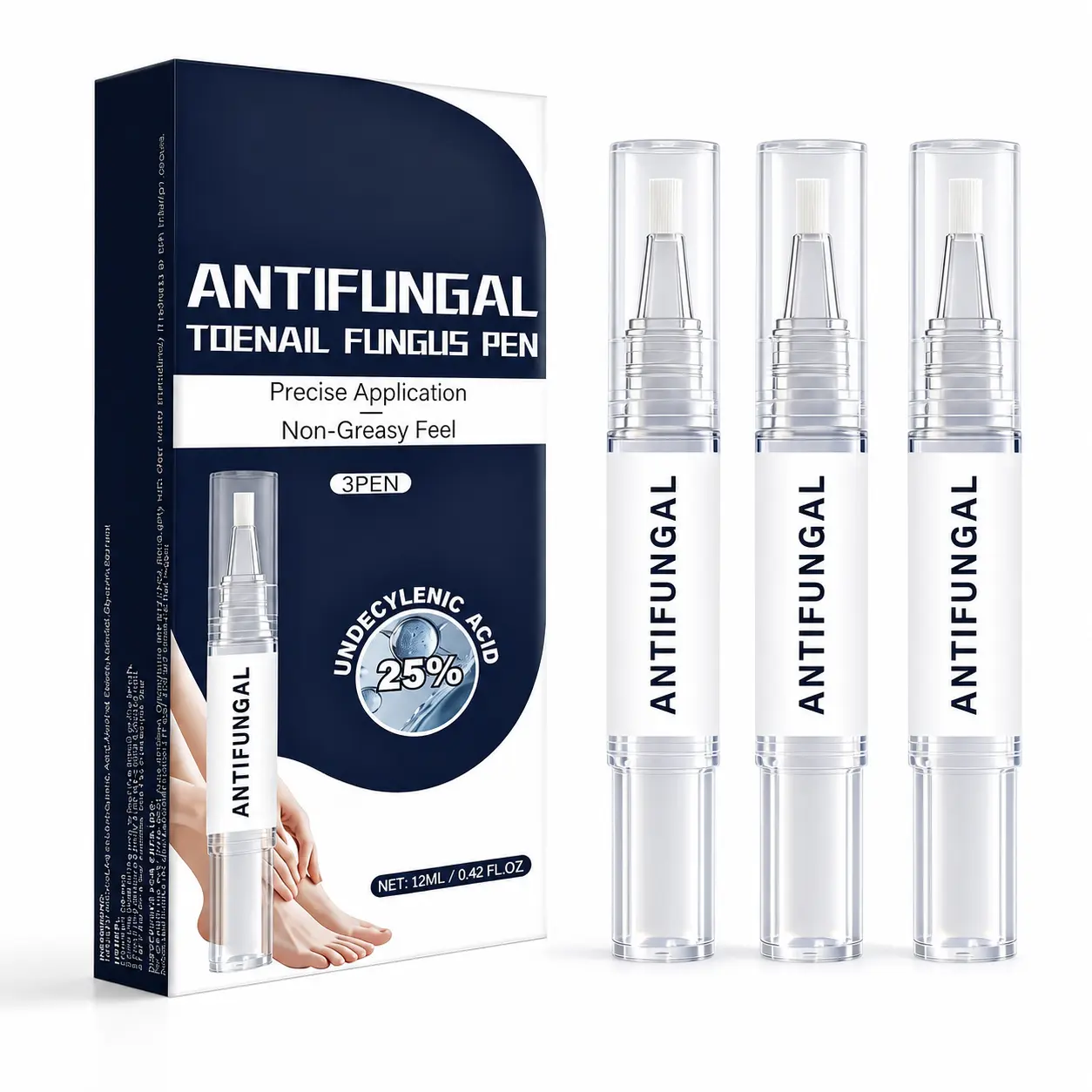 3-Pack Antifungal Toenail Treatment Pen with 25% Undecylenic Acid, Formula with Cooling Menthol for Thick, Fragile Nails, 12ml Unisex Nail Repair Solution, Toenail Fungus Pen