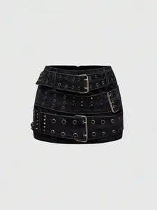 ROMWE Grunge Punk Spring/Summer Casual Black Y2K Vintage Punk Heavy Metal Rivet Grommets Decor Women Denim Mini Skirt