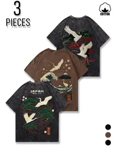 Vintage Washed Crane Fuji Mountain Print T-Shirt Set, Round Neck Loose Fit Cotton Back Print, Casual Streetwear for Daily Wear