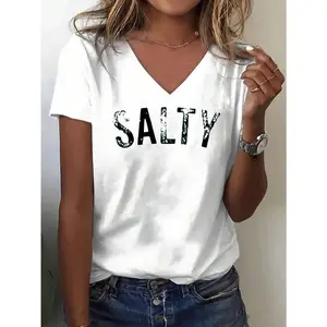 Women's Casual V-Neck T-Shirt With SALTY Pattern Print - White Short Sleeve Standard Fit Top, Suitable For Daily Wear, Outings, And Gifts - Machine Washable