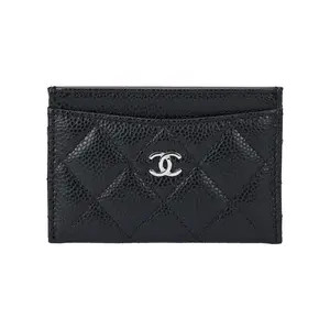 CHANEL Quilted Silver-Button Card Case in Black Pebbled Calfskin for Women