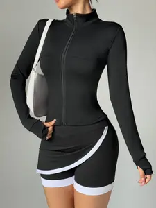 Women's Stand Collar Half Zip Fitted Sports Top, Thumb Loop Long Sleeve Gym Jacket, Sporty Style, Above the Knee, All Seasons