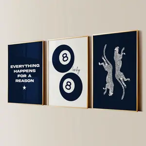 Navy 8 Ball Lucky Girl Cheetah Aesthetic Posters, Trendy Apartment Decor, Chic Living Room Gallery Wall Art, Set of 3 Bedroom Prints