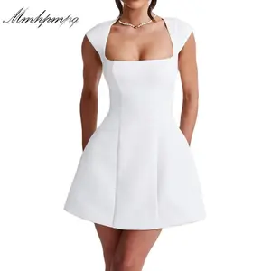 Women's Hat Sleeve Mini Dress Solid Color White Square Neck A-line with Pocket Summer Casual Dress, Suitable for Daily Wear and Parties