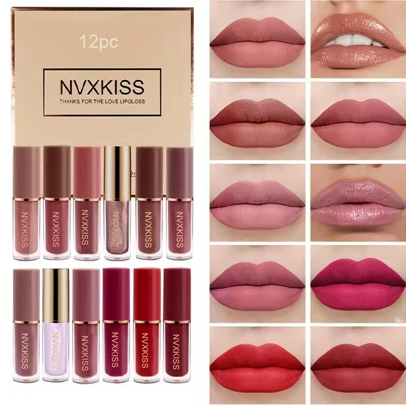 12-color lipstick set with matte and fine shimmer dual textures, silky and easy to apply, long-lasting and smudge-resistant. Soft brown versatile shades suitable for all makeup styles. Elegant gift box packaging, perfect for daily use, commuting, dates, o