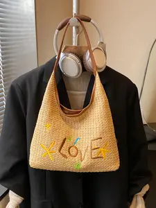 Women's Large Capacity Magnetic Closure Woven Grass Bag, Essential Beach Accessory for Vacation & Holidays, Fashionable Summer Straw Backpack