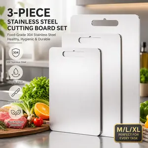 3-Piece 304 Stainless Steel Cutting Board Set - Food-Grade Metal Chopping Boards (M/L/XL) for Meat & Vegetables, Rust-Resistant, Easy-to-Clean Kitchen Essentials
