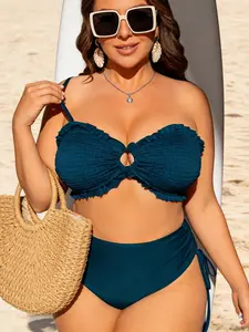 【Plus Size】 Solid Color Shirred Design  Ruffle Trim Bikini Set, Two-piece for Beach Holiday Vacation, Women's Swimwear for All Seasons, Ruffle Bathing Suit