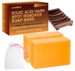 Kojic Acid Soap for Dark Spot Remover Bars with Turmeric, Vitamin C, Retinol, Collagen with Hyaluronic Acid, Vitamin E, Shea Butter, Castile Olive Oil - 3.52 OZ x 2 Bars with Soap Holder & Bag