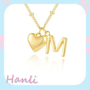 HANLI Gold Heart Initial Necklace for Women - 14K Gold Plated Heart Letter Pendant Necklace Dainty Beaded Chain Personalized Jewelry Everyday Gift