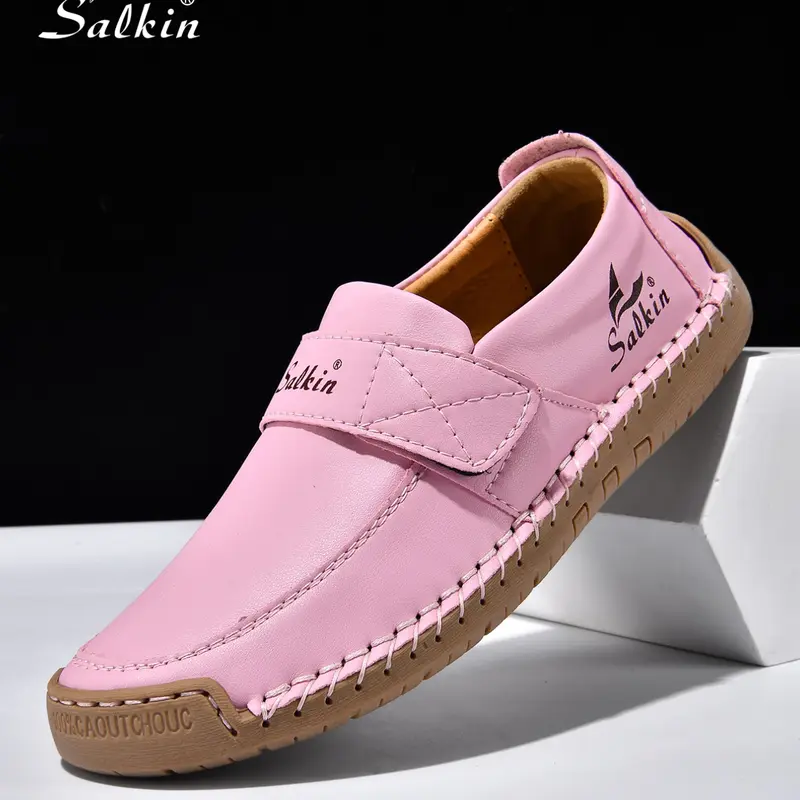 Salkin Men's Casual Flat PU Leather Footwear Rubber Sole Round Toe Walking Shoes, Durable Casual Shoes, Velcro Medium Width Low Top Loafers for All Seasons