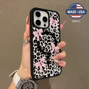 Leopard Print Bow Pattern Premium Magnetic Phone Cases for iPhone 16 15 14 Pro Max 13 12 11 Plus Smartphone Shockproof Protection Acrylic Cover Cellphone Protective magsafe magnetic case Aesthetic Resistance Casing Protector