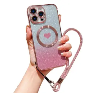 Women's heart-shaped glitter case suitable for iPhone 17 PM, magnetic electroplated transparent case with lanyard for 16/15