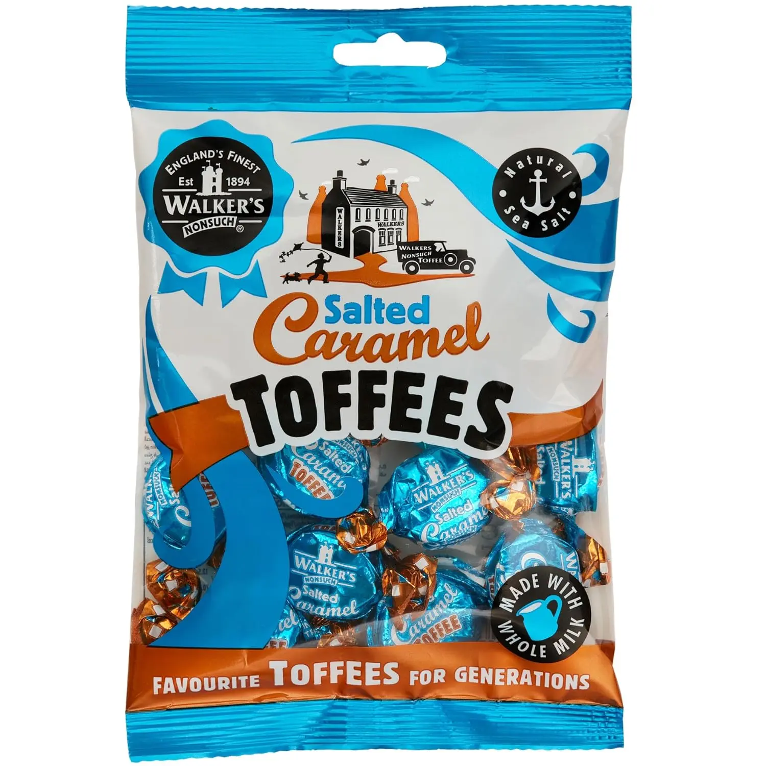 Walkers Nonsuch Salted Caramel Toffees Bag 5.29 Oz (150g) - British Chewy Butter Toffee Candy, Individually Wrapped with Anglesey Sea Salt, Imported from UK, Traditional English Sweets