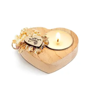 Heart-Shaped Wooden Candle Holder with Wax Candle, Wedding Memorial Gift, Rustic Country Table Decor, Thanksgiving Present, Birthday Gift