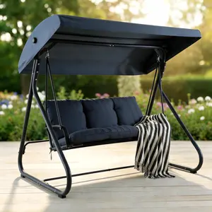 Heavy-Duty 3-Seat Outdoor Swing Chair - Converts to Flat Bed, Adjustable Canopy, Removable Cushions, 750 lbs Capacity, Metal Frame - Patio Garden Porch Furniture