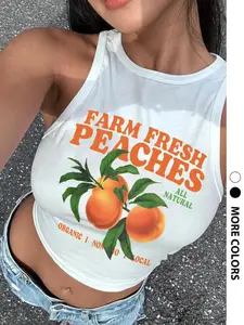 Women's Peach Print Round Neck Tank Top, Casual Sleeveless Crew Neck Top for Summer, Ladies Clothes for Daily Wear, Fruit Print Shirt
