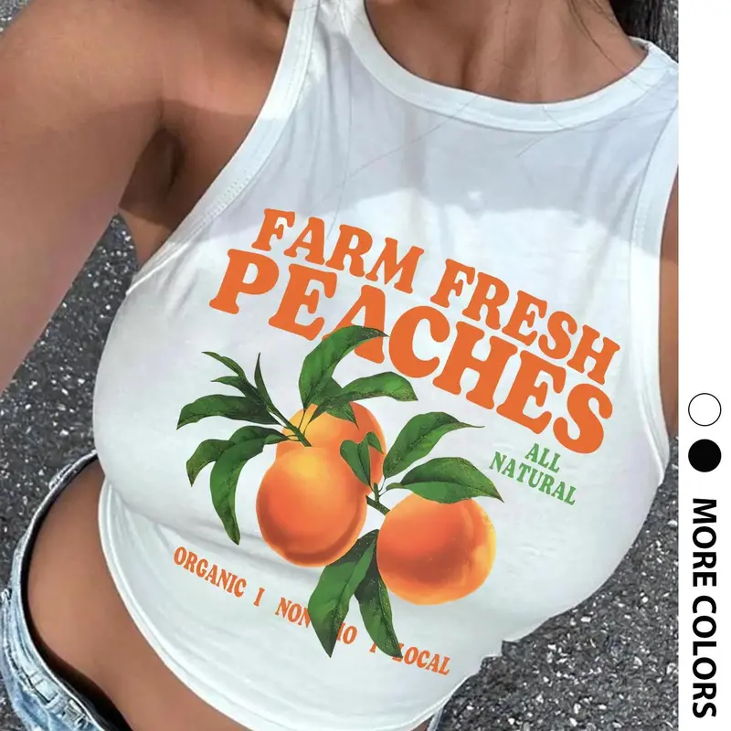 Women's Peach Print Round Neck Tank Top, Casual Sleeveless Crew Neck Top for Summer, Ladies Clothes for Daily Wear, Fruit Print Shirt, Fashion Casual Sleeveless