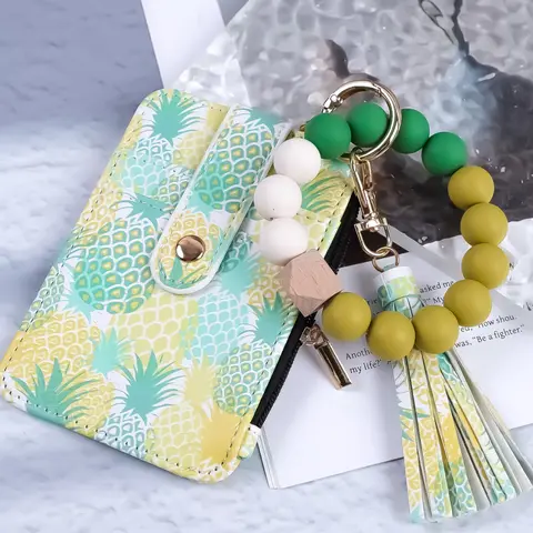 Fresh Fruit Style Beaded Wrist Keychain, Soft Cute Keychain, Trendy Cute Keychain, Cute Soft Keychains, Colorful Beads with Print Design, Large Capacity Card Holder, Perfect Gift for Friends