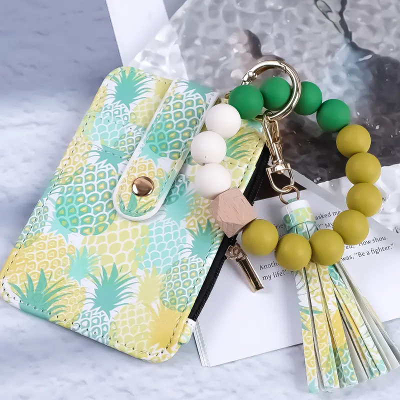 Fresh Fruit Style Beaded Wrist Keychain, Soft Cute Keychain, Trendy Cute Keychain, Cute Soft Keychains, Colorful Beads with Print Design, Large Capacity Card Holder, Perfect Gift for Friends
