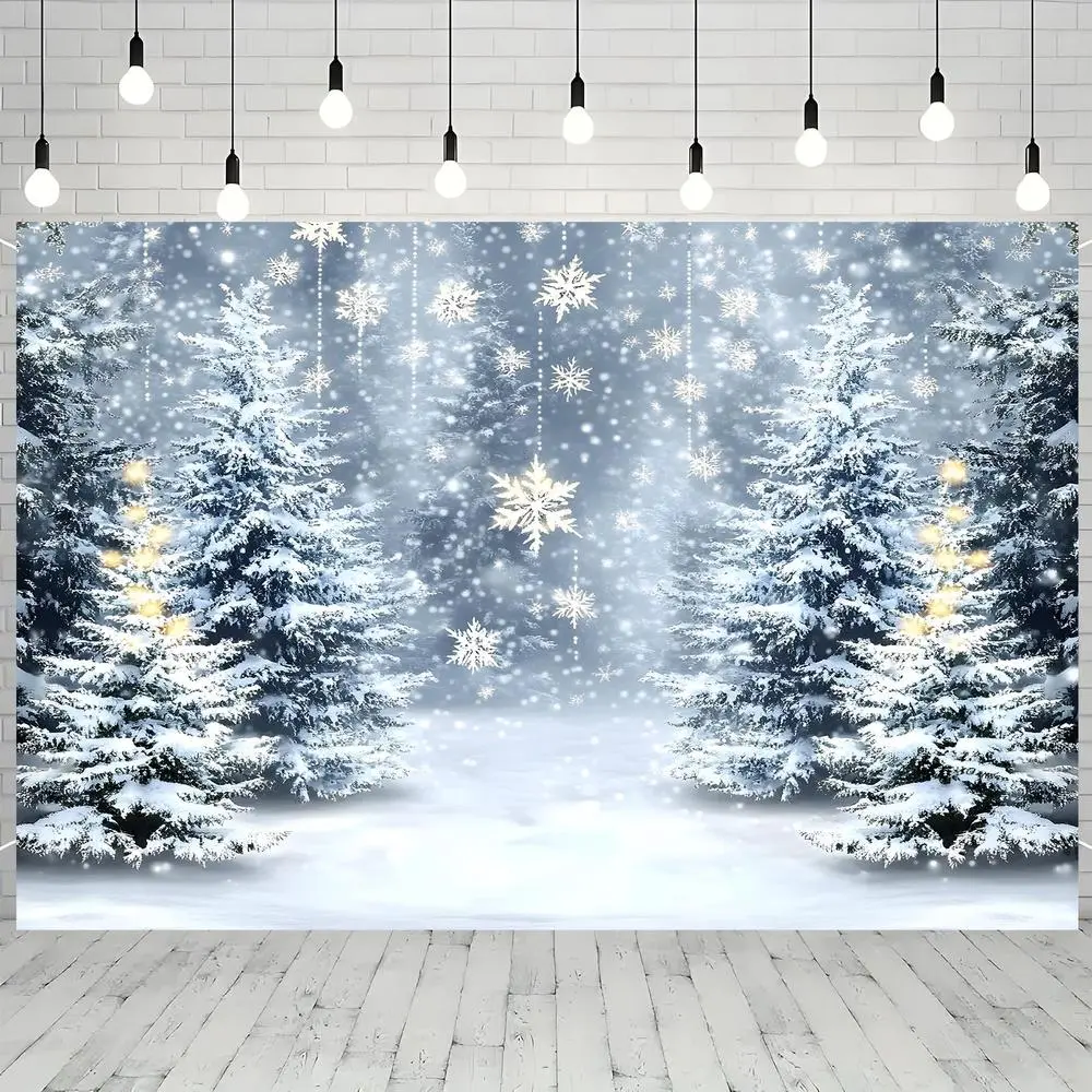 2D Flat Glittering Christmas Backdrop Banner, Durable Polyester Photography Wall Decoration with Snowy Winter Scene, Snowflakes, Golden Lights, for Indoor-Outdoor Holiday, Birthday Party Decorations Banners