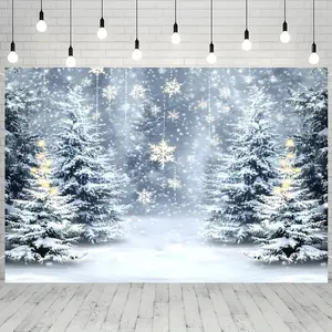 2D Flat Glittering Magical Christmas Backdrop Banner, Durable Polyester Photography Wall Decoration with Snowy Winter Scene, Snowflakes & Golden Lights, for Indoor Holiday Parties,summerwins
