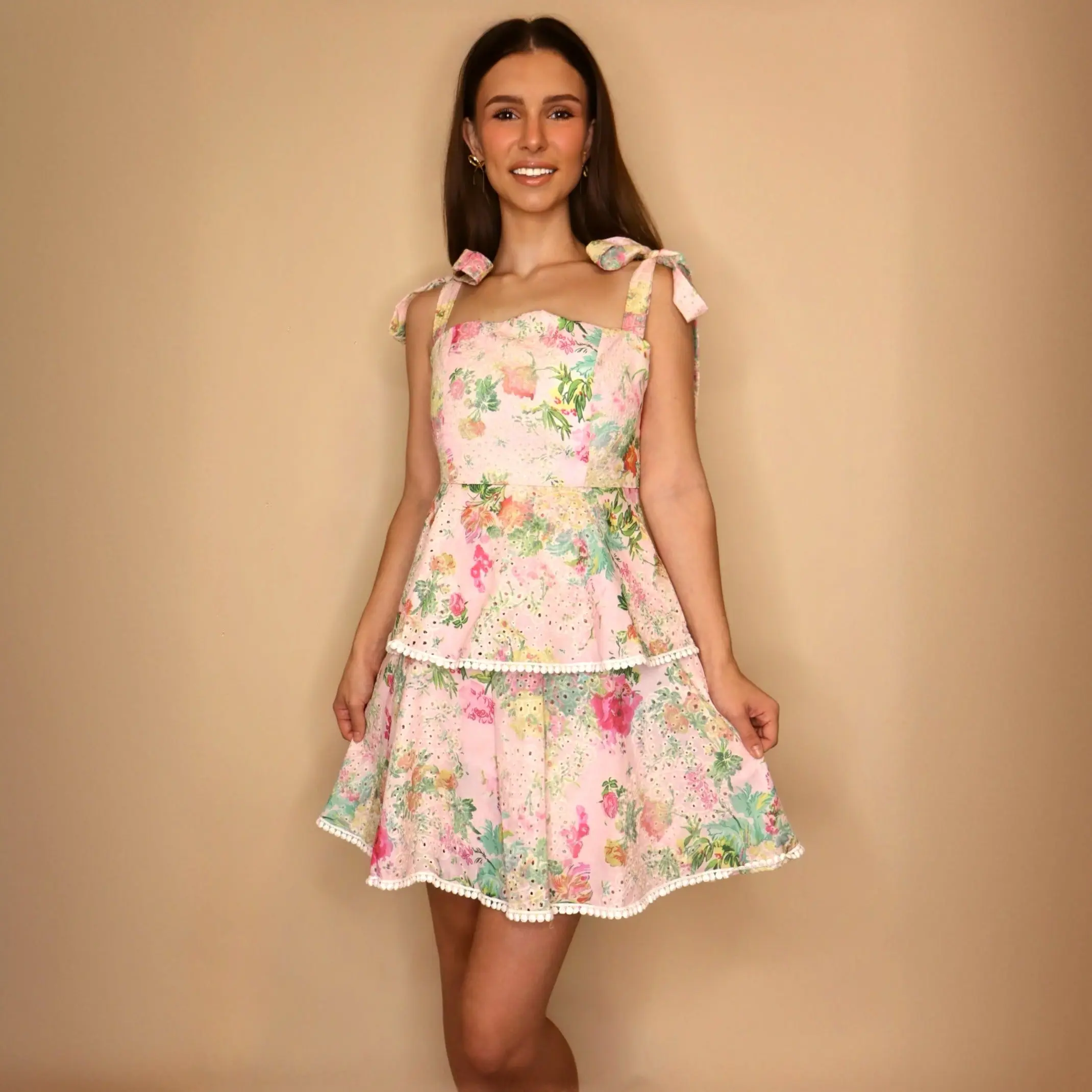 Lovely Print Eyelet Tiered Mini Dress - Pink Mix