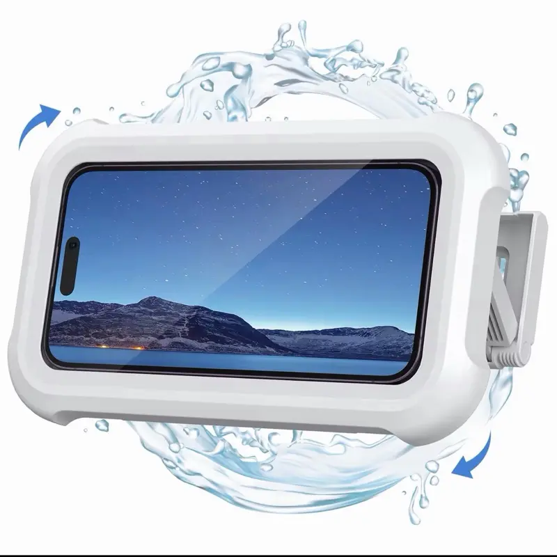 Waterproof Wall Mount Mobile Phone Holder - Lightweight, Anti-Fog Touchscreen Protection, 360° Adjustable, Retractable Stand, Portable, Universal Fit for Bathroom, Kitchen (White)