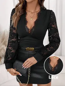 Women's Spring Autumn Fashion Knit Lace Trim Long Sleeve Top, V Neck Slim Fit Ruched Elastic Elegant Casual T-Shirt