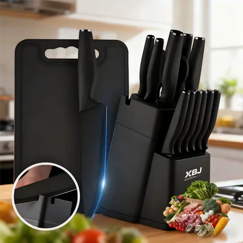 XBJ 15-Piece Durable Stainless Steel Knives Kitchen Set, 12.2" Chef Reach, Black Steel & Wood Sharpening Block, Non-Slip Handle, Dishwasher Safe German Supplies, 8.7" Steak Slice, 10.5" Boning Edge, 7.6" Santoku Cut, Christmas Gift