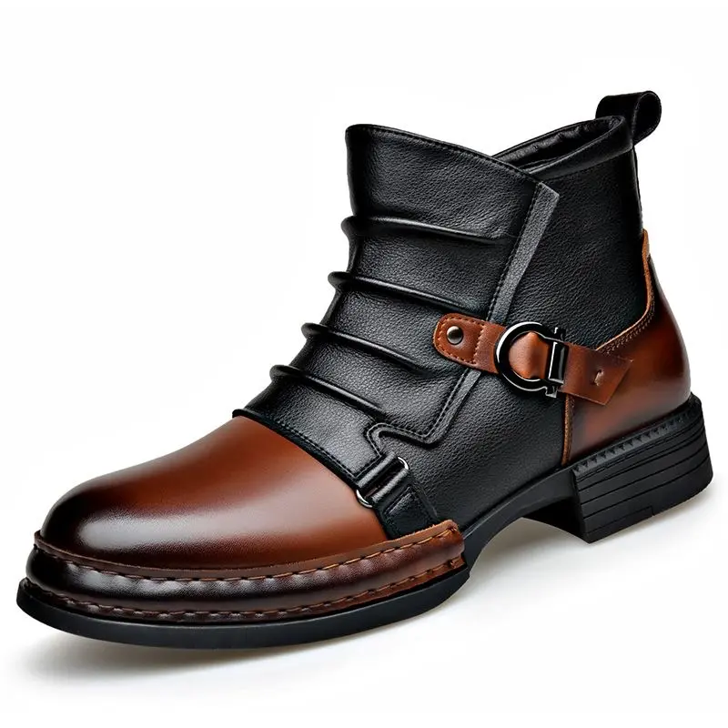 Men’s new British-style high-top fashion shoes—stylish, versatile boots with a two-tone design for a unique, trendy casual look, suitable for all seasons.