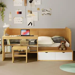 Wooden Twin Size Daybed with Storage Shelves and Lockers, Multi-functional Bed with Study Desk and Matching Stool, Natural
