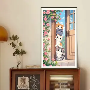 Cute Cat Rose Door Curtain Cross Stitch Kit, DIY Printed Embroidery Craft Set, Home Decor Wall Art, Handmade Material Pack