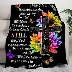 1pc Cross Slogan Print Flannel Blanket, Soft Cozy Throw Blanket For Travel Sofa Bed Office Home Decor, Holiday Birthday Gift Blanket For Girls Adults, 280GSM All Season