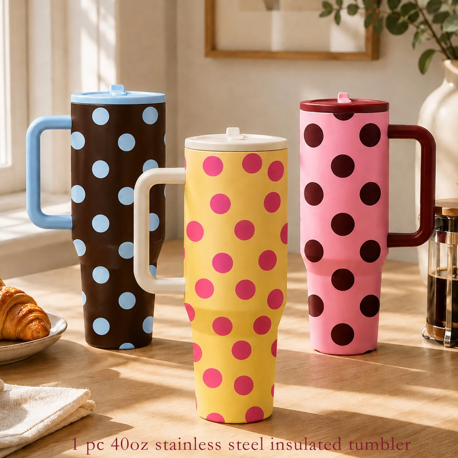 1 Pc 40oz insulated tumbler, Insulated Cups, retro polka dot print vacuum cup, double wall thermal mug with handle and lid, leak proof stainless steel tumbler for hot cold drinks, keeps hot 12h cold 24h, vintage style gift for women girls