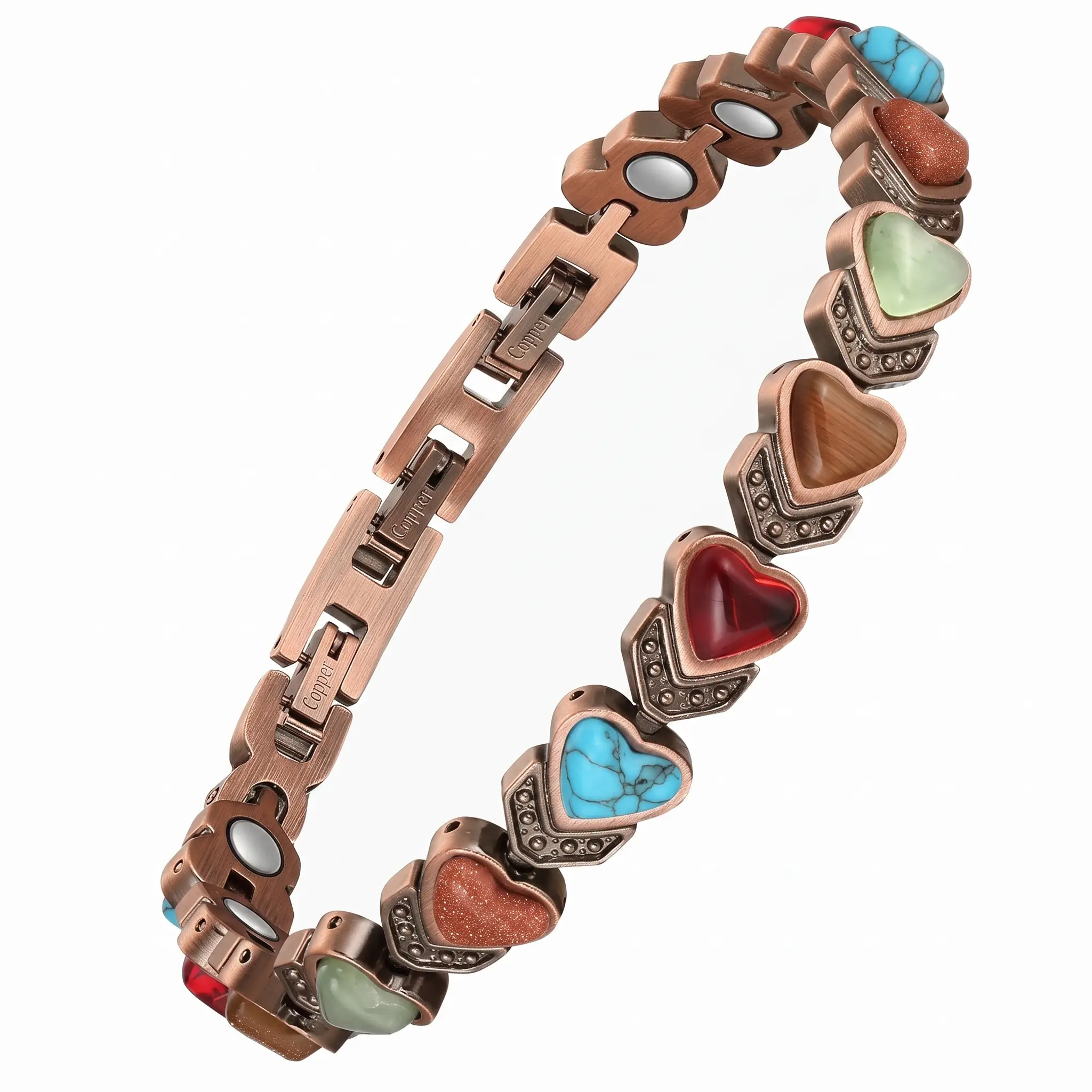 Feraco Women's Vintage Heart-Shaped Copper Link Bracelet - Magnetic, Turquoise Gemstones, Adjustable, Decor Crystals Metal Bracelet, Gift Ready for Casual Daily Wear, Birthday Anniversary