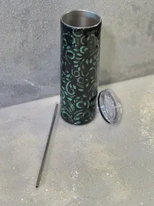 Peek-a-Boo Glitter Tumbler – Handmade Epoxy Cup with Black & Teal Vine Design, 20oz Insulated Stainless Steel with Lid & Straw