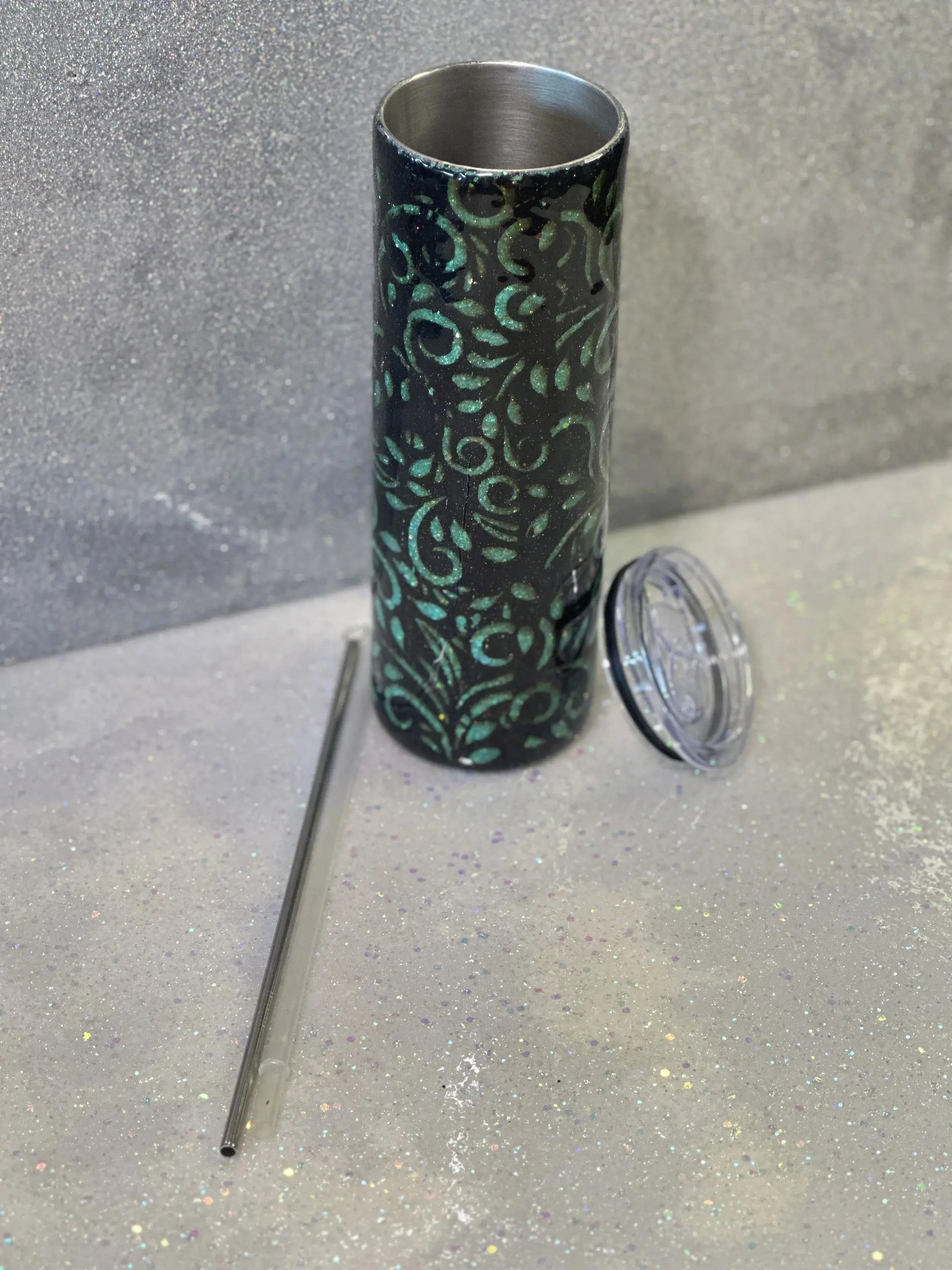 Peek-a-Boo Glitter Tumbler – Handmade Epoxy Cup with Black & Teal Vine Design, 20oz Insulated Stainless Steel with Lid & Straw