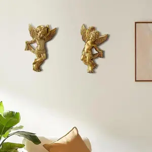 2-Pack Vintage Golden Angel Wall Sculptures, Retro Exquisite Figure Hanging Ornaments with Built-In Back Hooks for Easy Installation, Elegant Home Decoration for Living Room, Hallway
