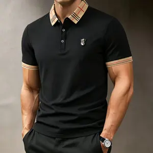 1 piece men’s casual multifunctional short-sleeve polo shirt with letter embroidery; classic plaid striped color-block men’s polo shirt