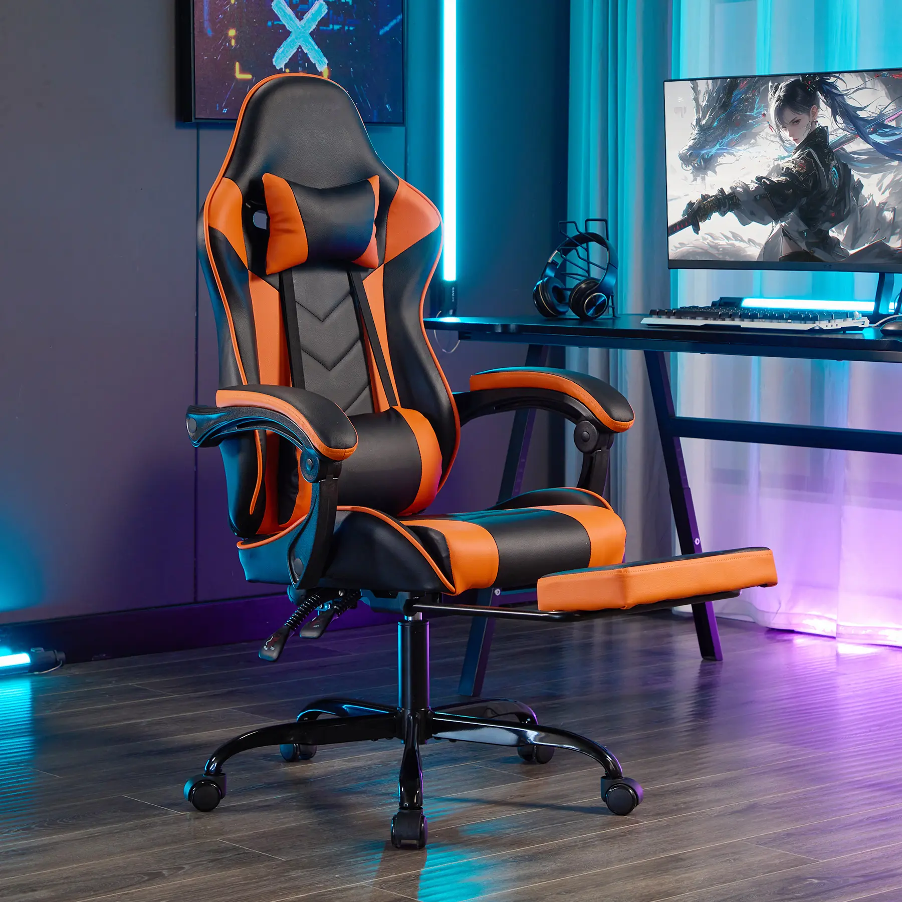 Gaming Chair Recliner with Footrest, Ergonomic Headrest and Lumbar Support, Breathable Height-Adjustable Computer Video Game Seating for Adults, Black Orange