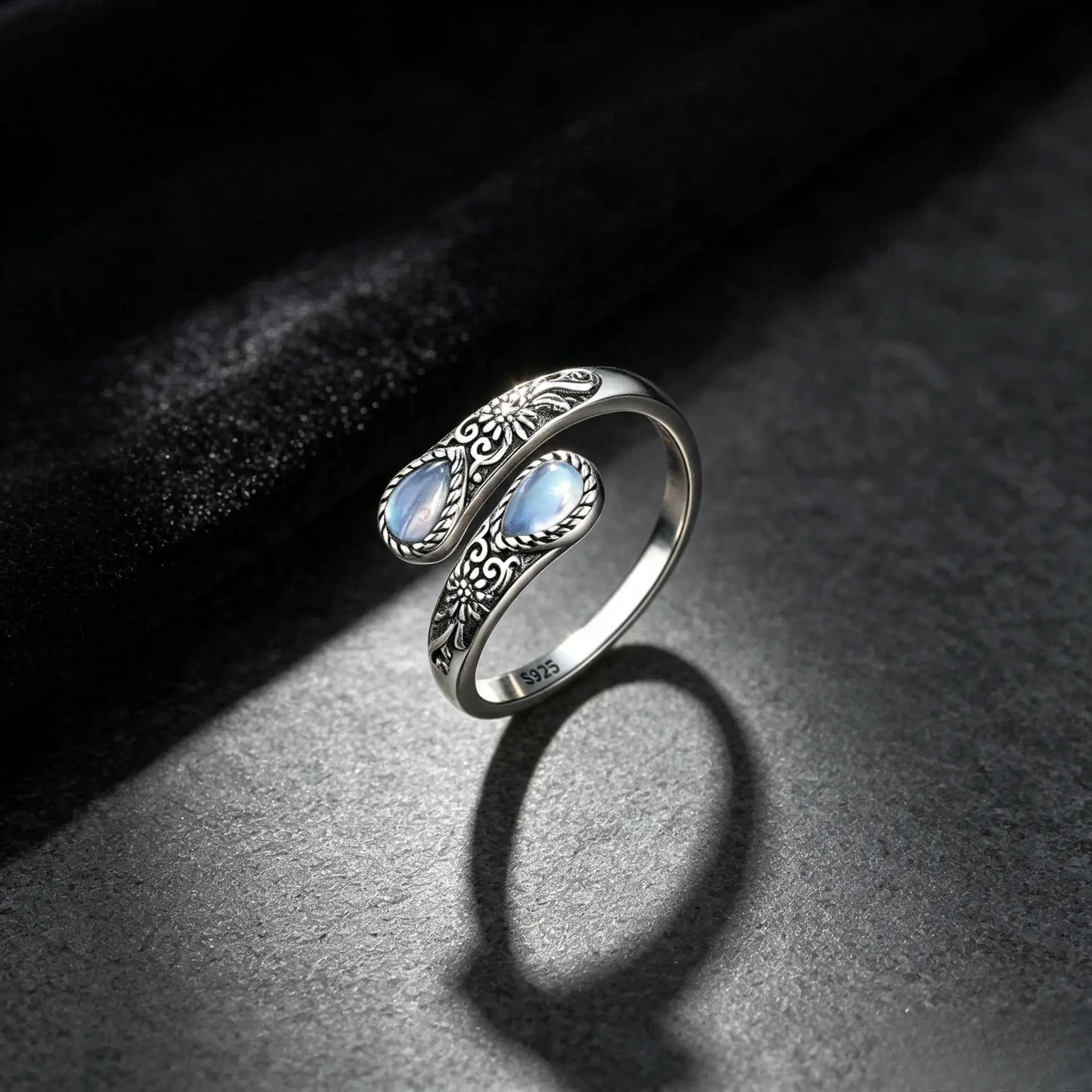 S925 Sterling Silver Synthetic Moonstone Adjustable Open Thumb Ring for Women, Victorian Vintage Retro Floral Design, Hypoallergenic Nickel-Free Bohemian Ring, Lucky Faith Mother's Love Jewelry, Ideal Gift for Valentine's Day,Easter,Halloween,Party