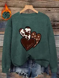 Women's Vintage Patchwork Heart Round Neck Faux Fur Knitted Sweater, Casual Fit Animal Print Pullover for Fall & Winter, Sweet Cool Atmosphere