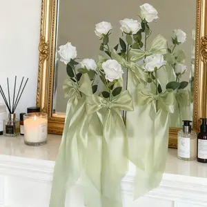 3PCSWhite Rose & Sage Green Bow Bouquet - Elegant Romantic Decor for Home Styling, Wedding Place Settings & Holiday Party Accents