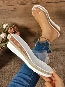 2026 Summer New Women's Transparent Strap Wedge Sandals, Thick Sole Waterproof Platform, Casual Beach Vacation Shoes, Large Size Female Slippers