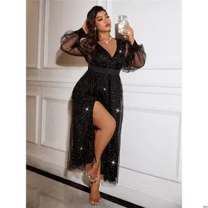 Slit High Long - Solid Plus Celure Size Color Deep V Neck Sleeve Dress With Mesh Inset