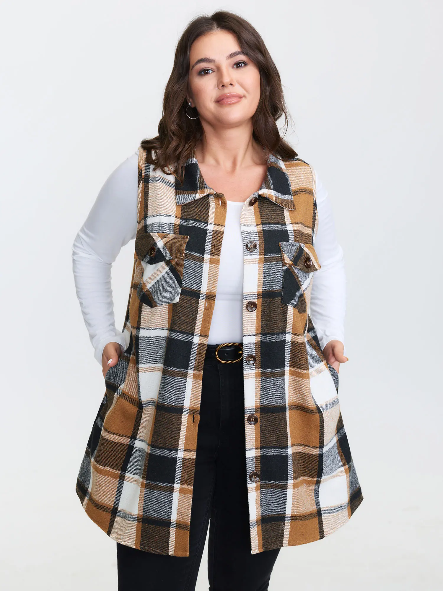 BloomChic Plaid Button‑Front Sleeveless Jacket 【M-6XL】