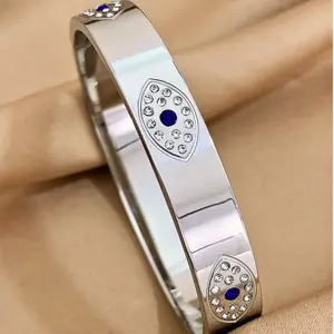1 Pair Evil Eyes Silver Stainless Steel Bracelet for Men and Women Rhinestone Wide Bracelet for Couples