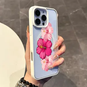 Magnetic Compatible Case for iPhone 17 16 E Pro Max 15 Plus 14 13 12 11 XS XR, Kawaii Hibiscus Stack Pattern | Lightweight, Shockproof, Silicone, Aesthetic, and Scratch Resistant